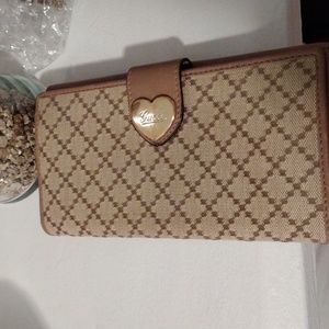 Gucci Beige/Brown Diamanté Canvas Dusty Rose Leather Heart Long Wallet